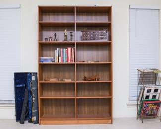MCM Danish Teak double book case (partial board w/teak laminate. 76"h x 47" w x 12"d):  $300.00.  Vtg vinyl rack:  $30.00, veg. vinyl sold separately.
