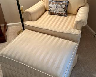 Striped Upholstered Club Chair and Matching Ottoman