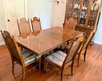 Vintage Dining Table with Six Cane Back Upholstered Chairs