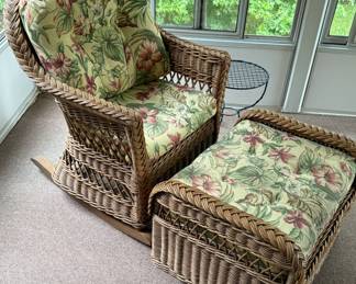Rattan Rocker and Ottoman with Floral Cushions