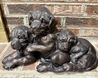 Bronze Colored Sculpture of Three Boxer Puppies
