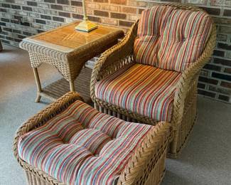Rattan Patio Chair, Ottoman and Side Table with Striped Tufted Cushions