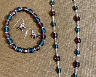 Glass bead necklace, bracelet and earring set