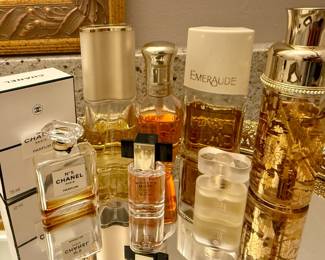 Collection of Classic Perfumes and Colognes on Mirrored Tray