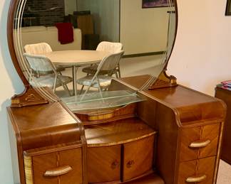 Vintage Art Deco Waterfall Vanity with Round Mirror
