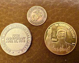 Three Commemorative Coins  Featuring George W Bush Presidential Center 5th Anniversary,  US Marine Corps and Donald Trump