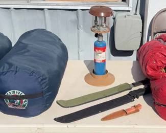 Vintage Camping Lot * Machetes, Hunting knife, Snow Lion Down Sleeping Bag, Propane Lamp