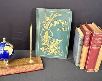Globe Pen Stand & 5 Antique Hardbacks * House of Seven Gables * Churchill * Waverley Novels