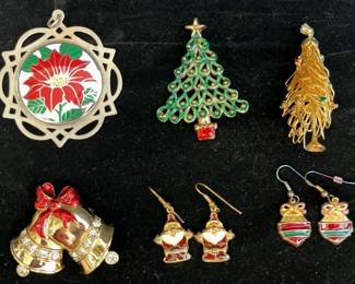 Fun Christmas Earrings, Pins And Sterling Silver Frame Pendant By Lunt