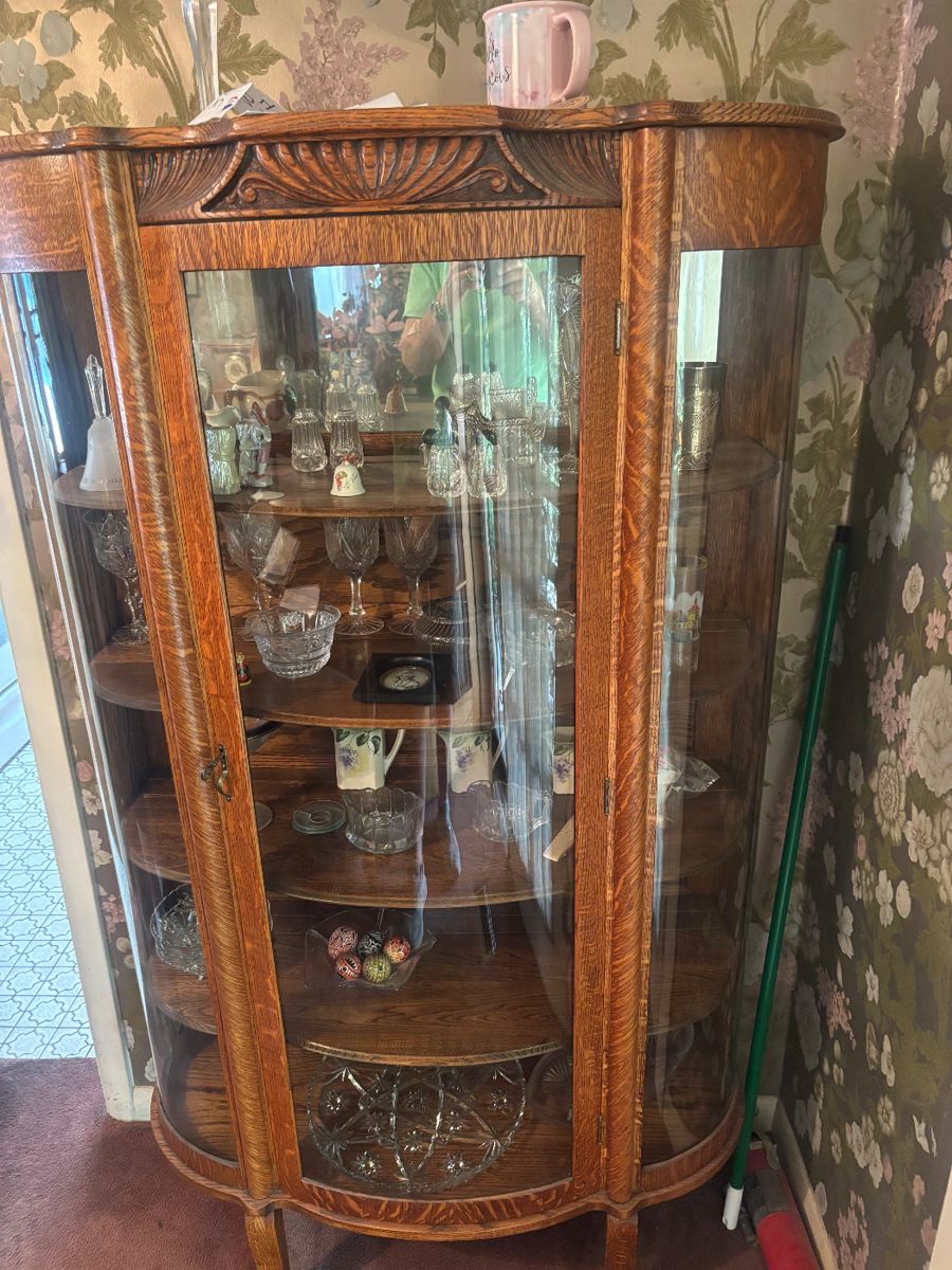Curved glass oak China cabinet