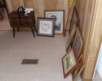 Sewing /knitting basket, framed photos 