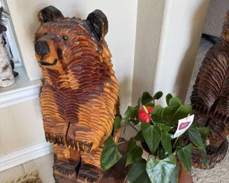 Hand Carved Bear With Attached  Pedestal to hold plant