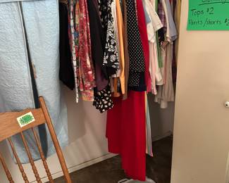 Cane seat chair, small & medium women’s clothing. Garments are $2 or $3 each