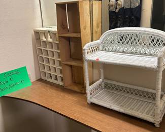 Assorted storage - wood soda crate, rustic wood shelf, wicker shelf