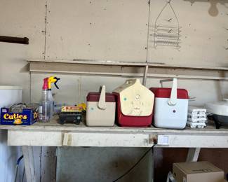 Assorted small coolers, candle warmer, ice cube trays, electric skillet 