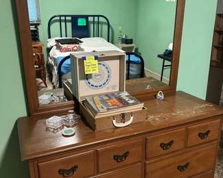 Mid century wood dresser with mirror. 1950s Punch Magazine collection in old record player box 