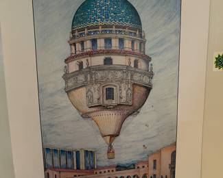 Unframed signed lithograph by Peter Sis, titled “Montgolfier 1st Manned.” Part of a series that combines architectural landmarks with imagery of early hot air balloons
