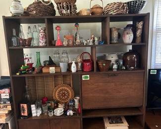 Assorted decor - baskets, ceramic vases, bottles, glass jars, vintage stoneware jug & pitcher, assorted candle holders