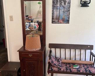 Antique deacon’s bench, valued up to $800. Vintage hall tree designed for small spaces. Set of 2 cork lamp shades and embossed metal box with lid