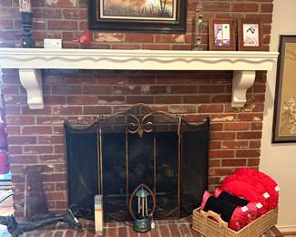 Fireplace screen, beautiful red satin pillows