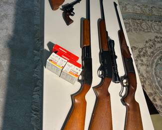 Guns: Ruger New Model single 6…22 mag; JC Higgins Model 21…20 gauge s hi outgun; Remington Model 740…30.06 Springfield rifle; Savage model 99F  .343 Winchester rifle.  All with cases