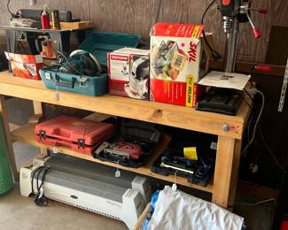 Various heaters, Craftsman drill press, Miata Circula saw & other tools