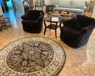 Very soft velour Swivel Rocking Chairs, round rug in brown tones, child’s rocker, 