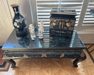 Oriental Black Laquer Coffee Table w/inlays, Heavy Black Laquer jewelry box, metal oriental vase