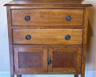 Antique Oak Linen Press w/ 2-Drawers & Cabinet