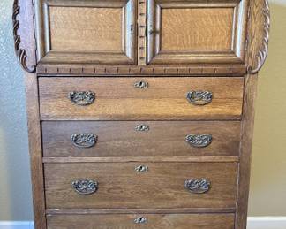 Antique Carved Oak Combination Chest on Casters