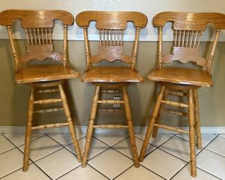 3-Vintage Pressback Oak Bar Height Swivel Stools