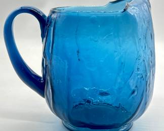 Vtg. Blenko Hand Blown Blue Crackle Glass Pitcher