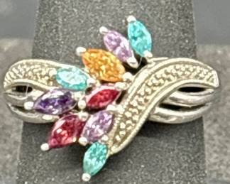 925 Silver & Multi Gemstone Ring Sz. 7, TW 4.27g