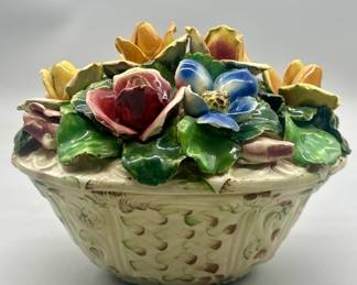 Capodimonte Porcelain Woven Basket & Flower Lid