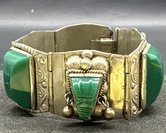 Taxco Silver Bracelet w/ Carved Jade Stone, 
