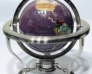 Vintage Inlayed Semi Precious Gemstone Tabletop Globe