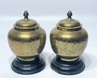Pair of Vintage Hand Etched Brass Urns with