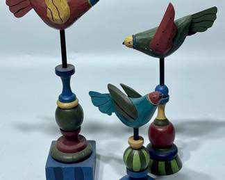  Three Painted Wood and Metal Bird Figurines