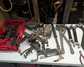 Antique tools, pulleys, nail pullers...