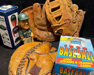 Vintage Baseball Gloves, 1990 Fleet Baseball Stickers Cards,  2001 AllStar Bobble Head