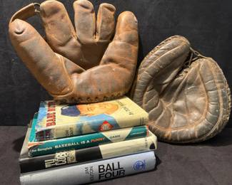 Vintage Rawlings Catchers Mitt, Gold Smith Glove Books On Baseball Legends