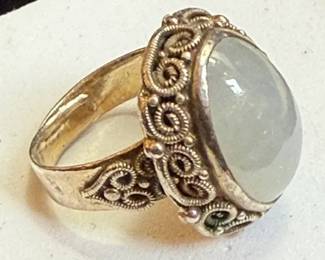 Oval Cabochon Mounted Silver Ring With Filigree