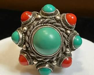 Silver, Turquoise and Carnelian Cluster Ring