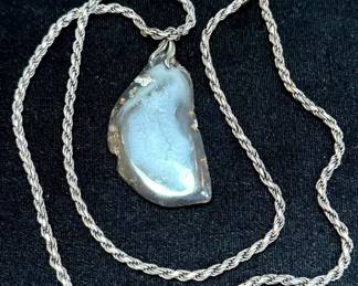 Agate Geode Slice Pendant Sterling Necklace.