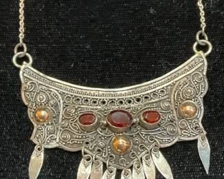 Sterling Necklace with Carnelian Stone in an Artisan Yemenite Art style.