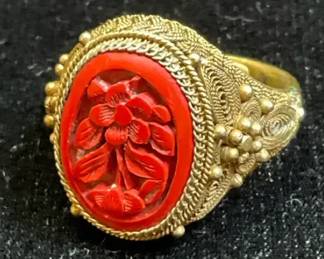 Chinese Lotus Flower Cinnabar Silver Filagree Ring