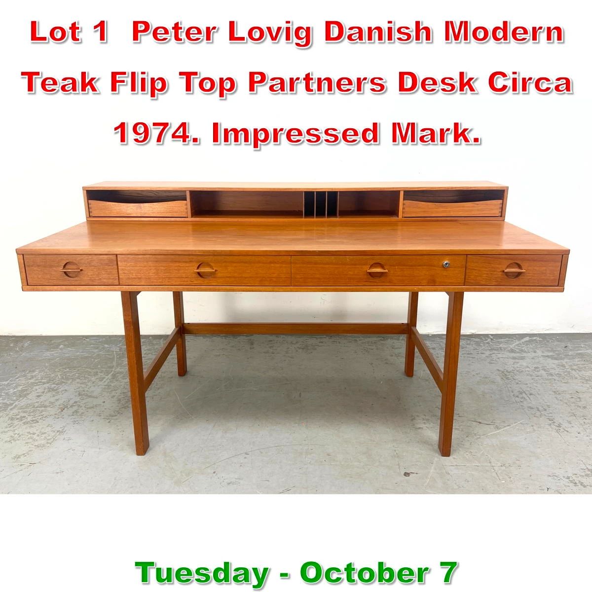Lot 1 Peter Lovig Danish Modern Teak Flip Top Partners Desk Circa 1974. Impressed Mark. 