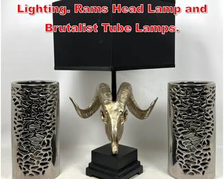 Lot 383 3pc Contemporary Modern Lighting. Rams Head Lamp and Brutalist Tube Lamps. 