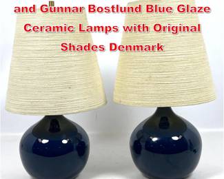 Lot 118 Pair Danish Modern Lotte and Gunnar Bostlund Blue Glaze Ceramic Lamps with Original Shades Denmark
