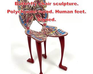 Lot 27 Pedro Friedeberg miniature Butterfly chair sculpture. Polychrome wood. Human feet. Signed. 